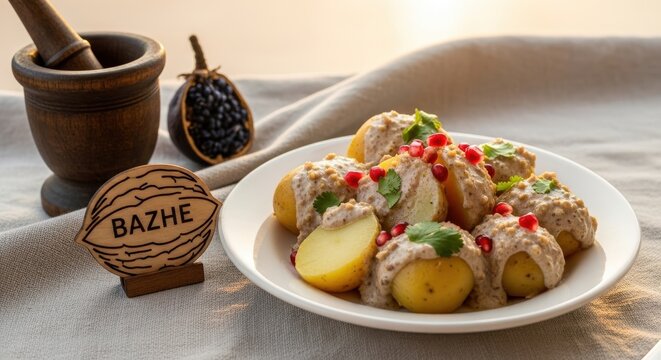 Authentic Georgian Boiled Potatoes with Creamy Walnut Bazhe Sauce and Pomegranate