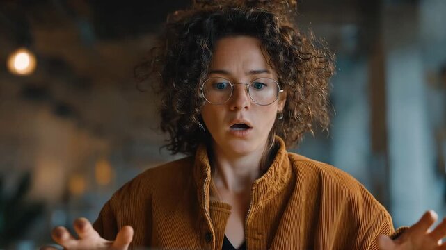 Ultra HD Slow motion shot of a confused and overwhelmed woman with spectacles shouting in disbelief while staring at a monitor during a high-pressure work deadline Video.