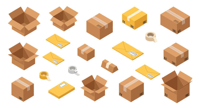 Isometric view of various cardboard boxes and shipping supplies