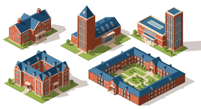 Isometric illustration of a university campus with brick buildings