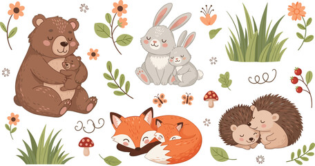 Cute woodland animal mother and baby collection with hugging bears sleeping foxes cuddling bunnies and hedgehogs for nursery design.Cute woodland animal mother and baby collection with hugging bears s © Md