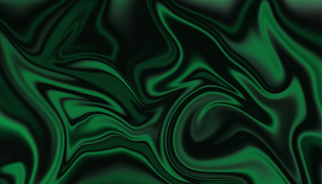 Luxury dark green fluid art texture with elegant wavy silk pattern. Abstract liquid marble background with emerald green and black swirls.