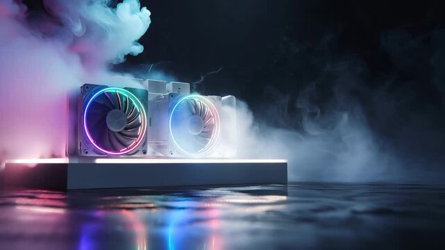 Ultra HD Professional product shot of a gaming PC component with a clockwise rotating fan, featuring cinematic fog and colorful light reflections on a sleek surface Video.