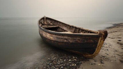 Fototapeta premium Old Wooden Boat Resting on Beach at Sunset with Calm Water and Soft Light