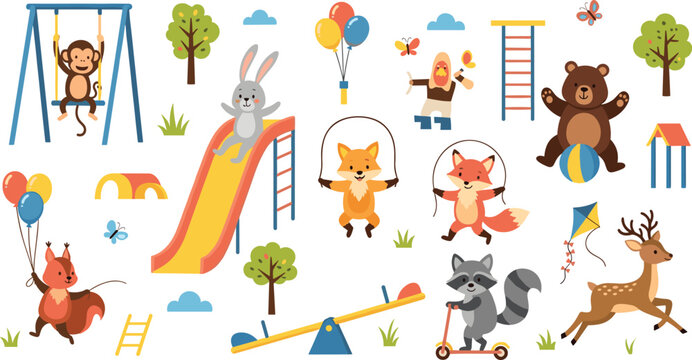 Cute woodland animal playground collection with fox squirrel bear and raccoon playing on slide swing seesaw and scooter.Cute woodland animal playground collection with fox squirrel bear and raccoon pl