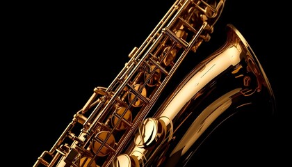 Fototapeta premium A shiny gold saxophone on a black background, highlighting its intricate details and musical beauty.