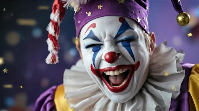 Jovial jester wearing a purple hat with stars and festive makeup laughs hysterically, celebrating the spirit of April Fools' Day with joyful, mischievous folly and pranks