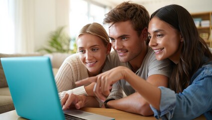 Obraz premium Three friends smiling together while reviewing travel pictures on a laptop