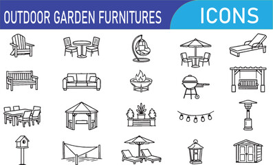 Obraz premium Outdoor Garden Furniture Outline Icons – Patio Chair, Table, Bench, Umbrella, Swing Line Vector Set