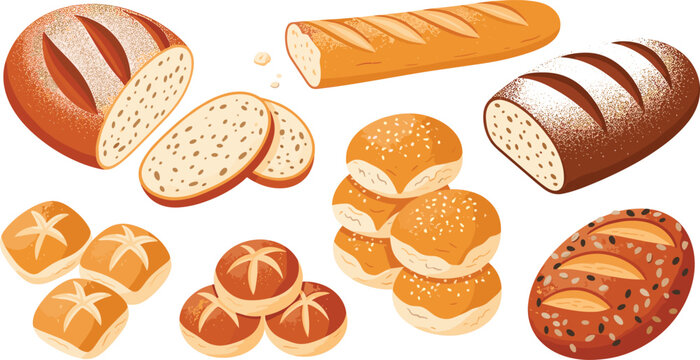 Artisan Bakery Bread Vector Set with Sourdough Loaf, Baguette, Sliced Rye, Sesame Buns, and Whole Grain Rolls for Cafe and Menu Designs