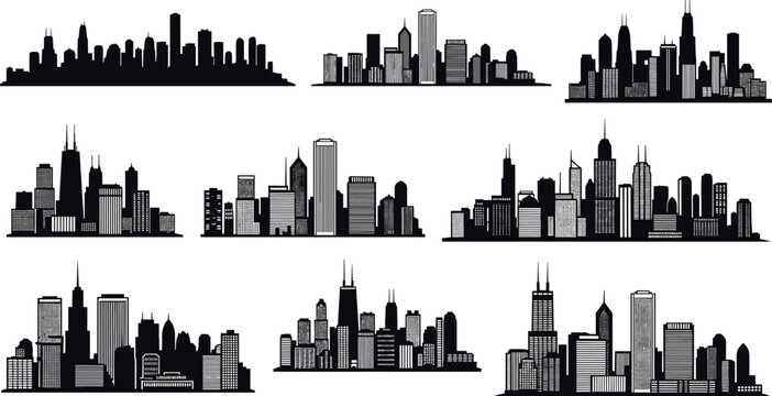 Chicago skyline vector set with detailed urban buildings skyscrapers downtown cityscape silhouettes architecture illustration collection