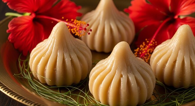 Vinayaka Chaturthi, Close-up macro shot of traditional steamed Modaks on a polished vintage brass plate, surrounded by vibrant red hibiscus flowers and green durva grass