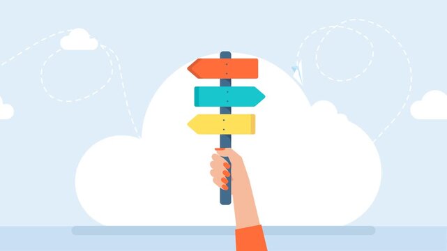 Three colored arrows indicate direction. Arrows. A woman holds a direction indicator in her hand. A businesswoman compares options, choosing between two things. Direction indicator. 2D flat animation