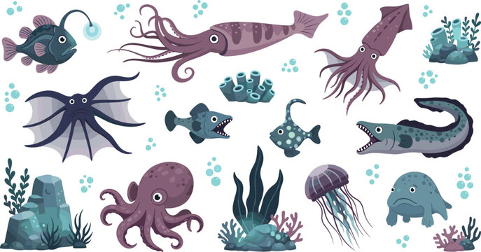 Deep sea creature collection with octopus squid jellyfish anglerfish and eel plus underwater ocean nature elements like coral reefs.Deep sea creature collection with octopus squid jellyfish anglerfish