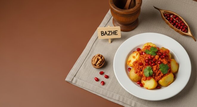 Authentic Georgian Potatoes with Creamy Walnut Bazhe Sauce and Earth Tone Negative Space