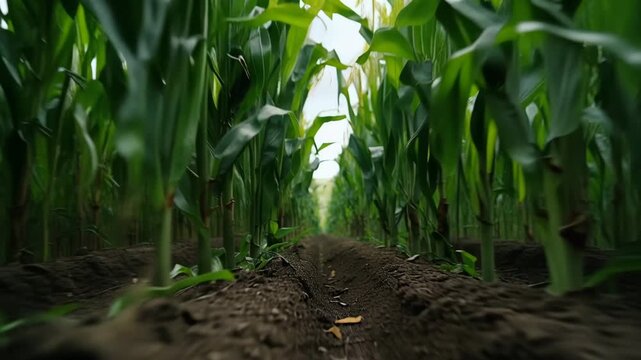 Ultra HD 4K ground-level tracking shot moving forward through a perfectly aligned row of lush green maize plants on a professional farm Video.
