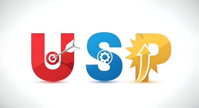 USP - Unique Selling Proposition Concept with Target, Gear, and Growth Arrow