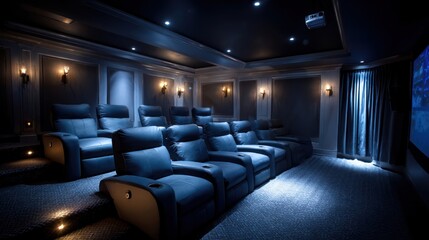 Fototapeta premium Home theater with recliner seats, acoustic panels, projector screen, and concession stand, cinematic immersion, 8k, realistic, full ultra HD, high resolution, cinematic photography