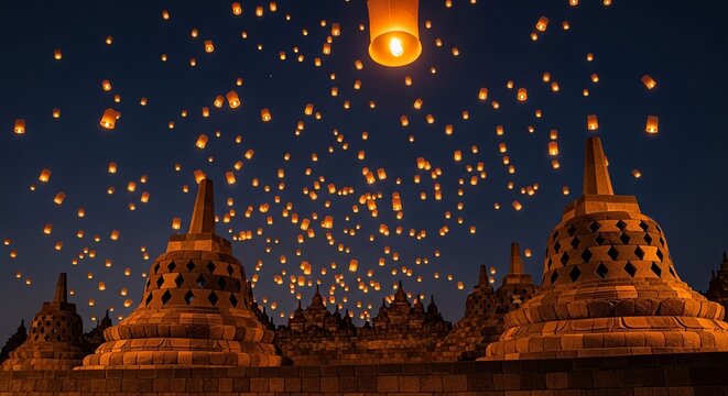 Waisak Temple events, Thousands of glowing orange lanterns floating into a deep navy night sky above the ancient stone stupas of Borobudur temple