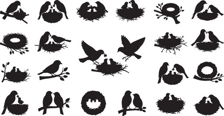 Fototapeta premium set of bird nesting and flying silhouettes flat design vector illustration