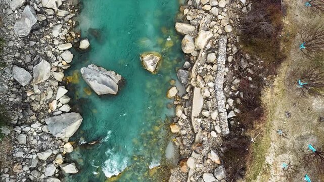 River in harsil valley top view reveling shot