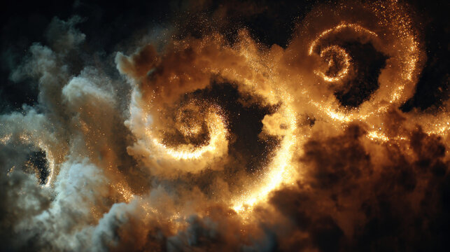 Golden spirals twist through dark clouds