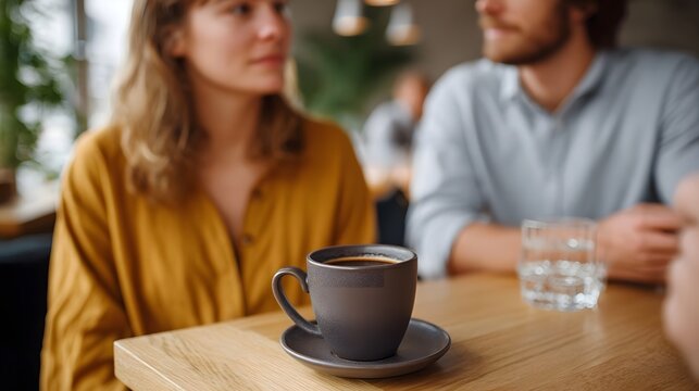 A cup of coffee sits on a wooden table in a cafe with blurred figures of a man and woman in conversation in the background