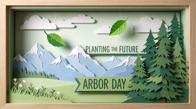 A creative shadow box or paper craft style illustration featuring layered mountains, trees, and a wooden frame for Arbor Day.