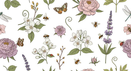 Elegant botanical flower collection with vintage peonies jasmine lavender and garden insects like bees butterflies and dragonflies for design.Elegant botanical flower collection with vintage peonies j © Md