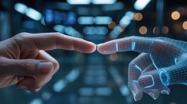 Futuristic human and robot hands touching fingers, artificial intelligence concept, digital wireframe cyborg hand meeting human touch in data center
