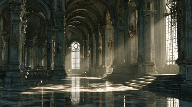 Grand Ornate Hallway with Sunlight Streaming Through Tall Arched Windows Illuminating Ornate Pillars and Reflecting on a Wet Marble Floor Detailed Ancient Architecture