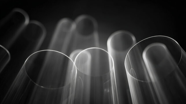 Abstract cylinders glow softly against a dark backdrop