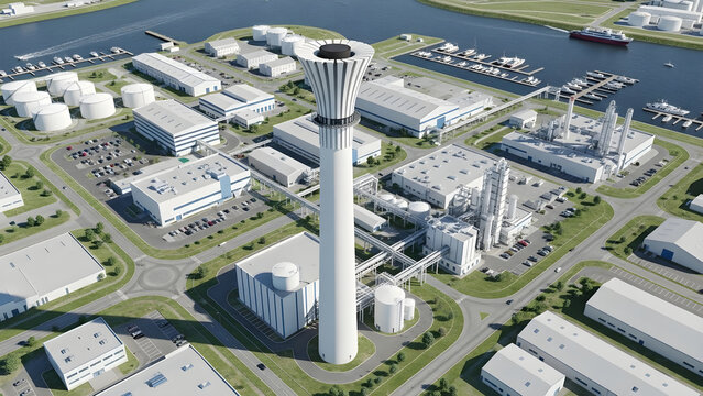 Aerial view of a bustling airport control tower surrounded by various airport buildings and docks along the waterfront