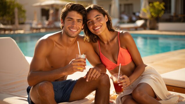 Smiling couple relaxing poolside with tropical drinks, enjoying sunny vacation moment