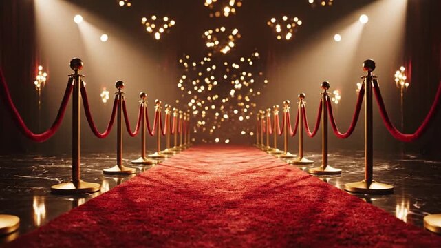Elegant red carpet event entrance luxury velvet walkway with golden stanchions and sparkling bokeh lights creating glamorous atmosphere for VIPs award ceremony gala night