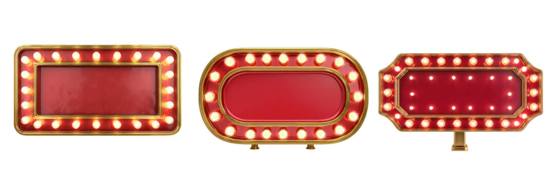 Three retro style marquee signs with glowing lightbulbs and vibrant red backgrounds showcasing classic theater or cinema advertising designs Isolated on a transparent background.