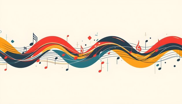 A vibrant and colorful illustration of musical notes and wavy lines on a cream background