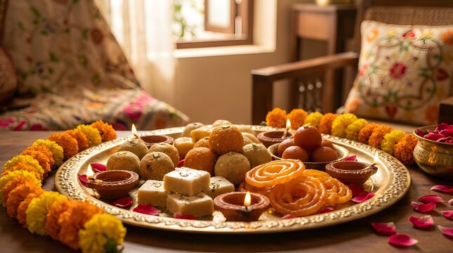 Indian sweets arranged on plate festive celebration setup