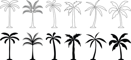 Palm tree silhouette set with outline and solid tropical styles. Minimal vector collection for beach, summer, and island themes. Clean black and white icons for design and travel graphics. © Sk