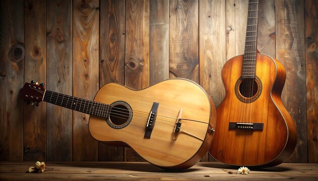 Two acoustic guitars on wooden background