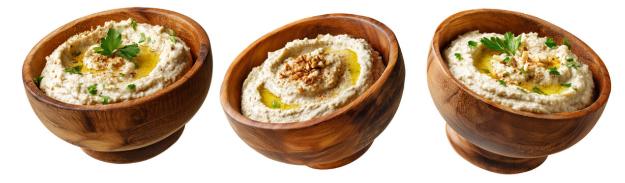 Set of Mutabbal creamy baba ganoush roasted eggplant puree with tahini and lemon garnished with parsley and olive oil on white