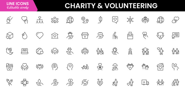 Volunteering and charity web icons in line style. Donate, donor, doctor, care, help, support, collection Vector illustration.
