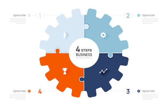 4 steps gear circle industrial Business Infographic jigsaw label design with icons. flow chart presentations.