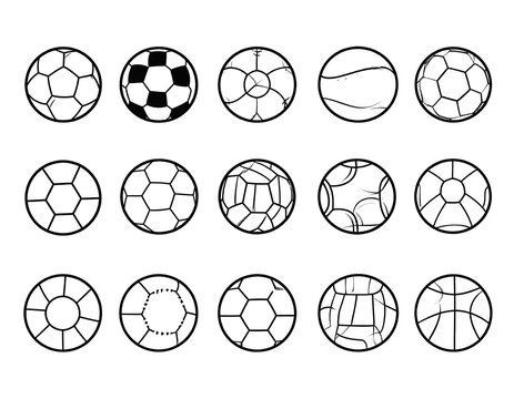 Collection of various soccer ball designs, black outlines on white background