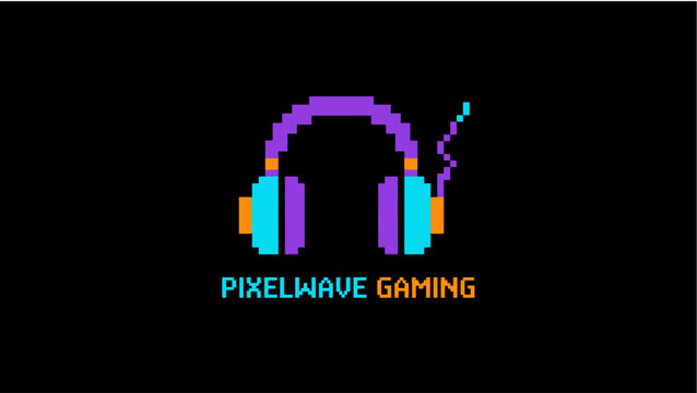 Vibrant pixel art headphones emblem in a retro 8-bit style, featuring bold purple and orange colors, symbolizing digital sound and an immersive gaming culture experience
