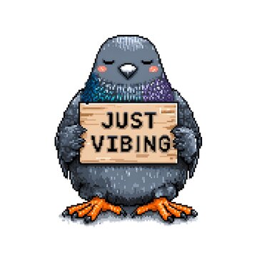 Cute pixel art pigeon holding just vibing sign retro 8 bit arcade sprite chubby city bird character isolated