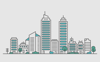 Fototapeta premium Minimalist line cityscape with teal windows and green trees gray background buildings