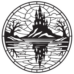 Naklejka premium Castle Reflection In Water Stained Glass Design, Halloween Stained Glass Pattern, Witch Ghost illustration, Gothic Glass Template, Halloween Suncatcher Clipart