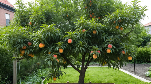 A young fruit tree in an urban garden, its slender trunk supporting an improbably heavy load of ripe peaches, with supportive stakes visible but barely needed