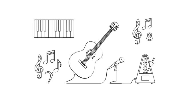 Guitar and Music Elements Line Art.